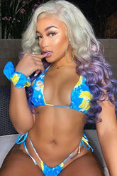 Blue Yellow Tie Dye Print 3 Piece Swimsuit Areous